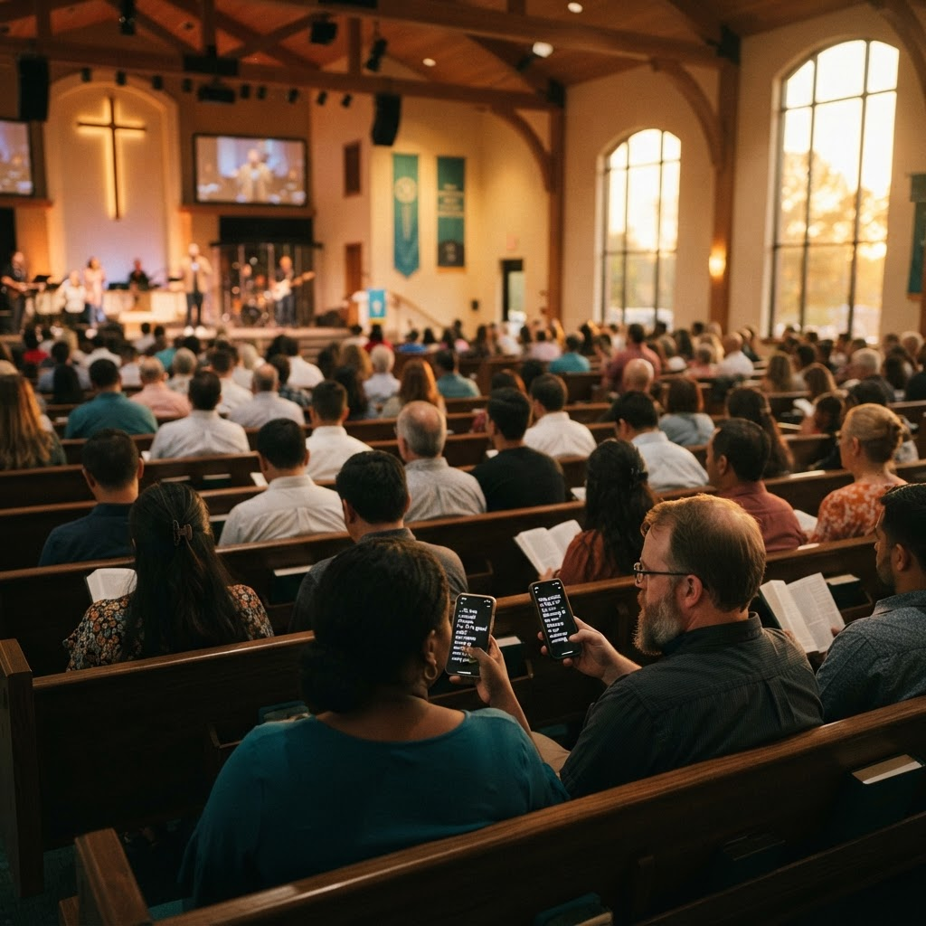 A diverse congregation reading live captions on their phones during a church service